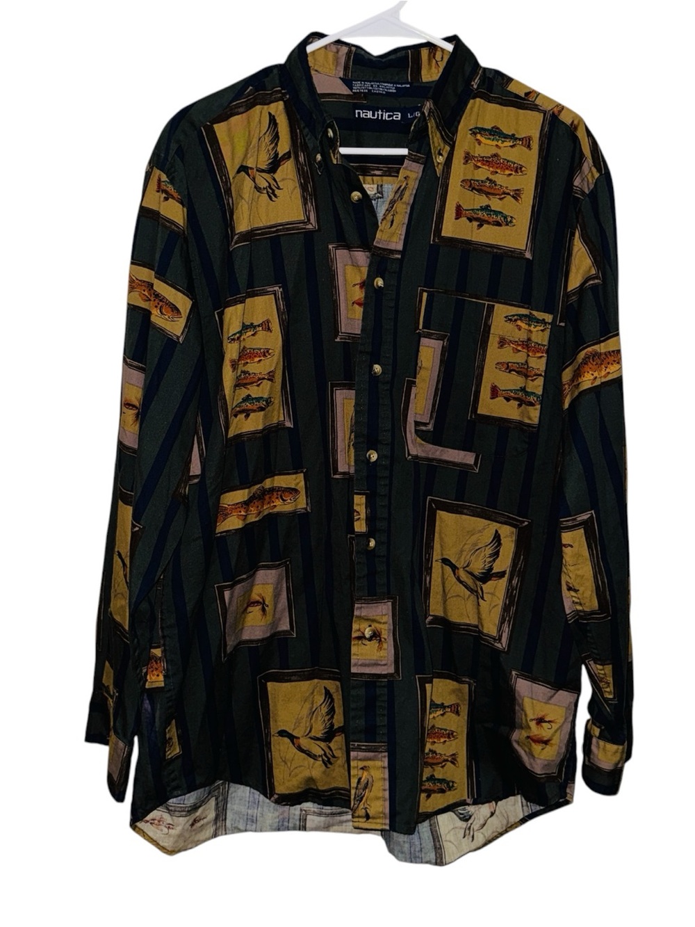 Vintage Nautica Men Fishing Button-Up Dress Shirt